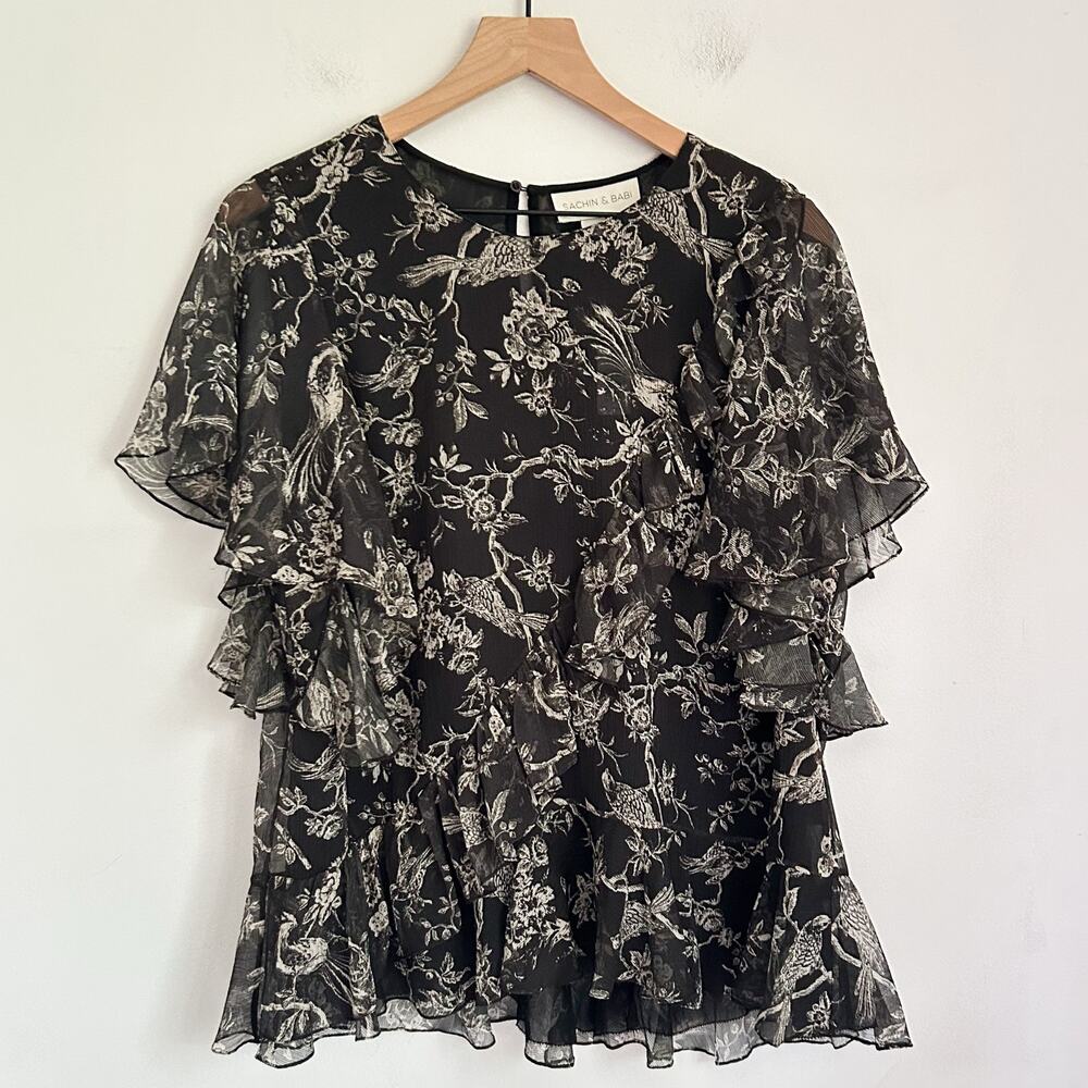 NEW Sachin & Babi Rossie Flowy Ruffle Short Sleeve Blouse Size 12 Black